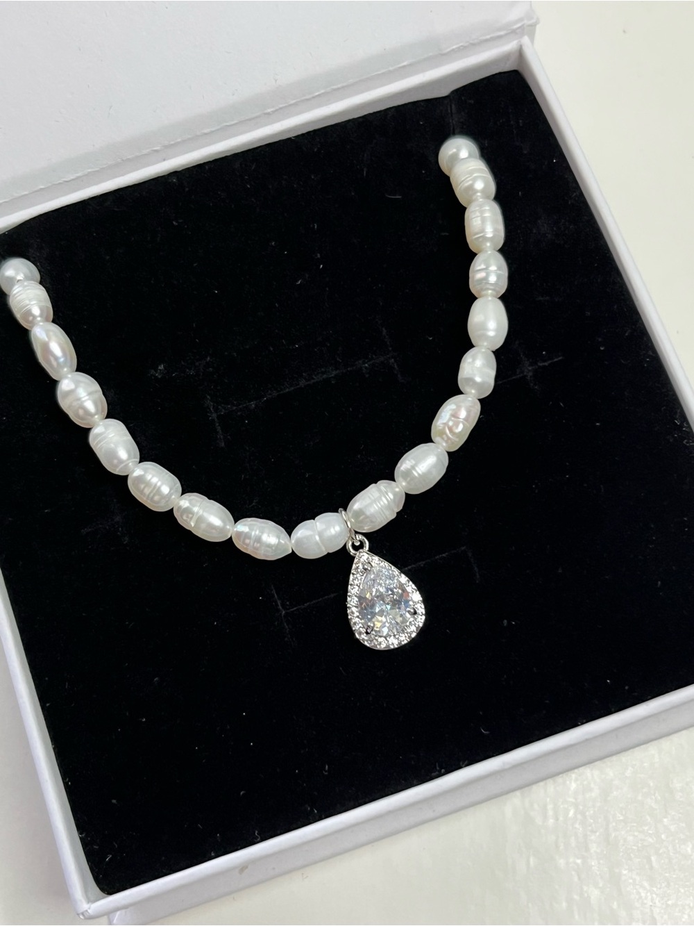 Freshwater Pearl Necklace with Teardrop Crystal Pendant - White